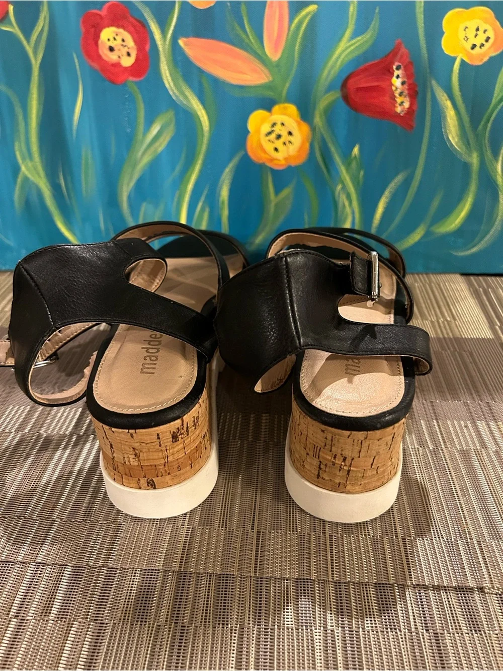 Black Cork Platform Sandals with White Sole and Ankle Strap